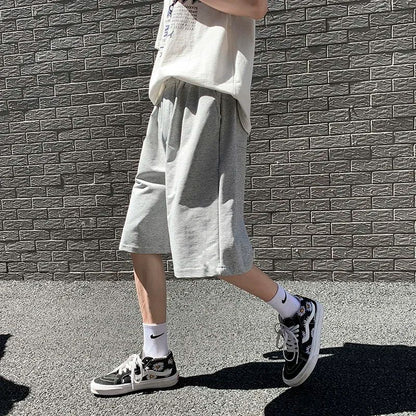 Summer New Y2K Solid Color Cotton Loose Men's Sports Pants Shorts Street Wear Simple Drawstring Straight Casual Shorts Male