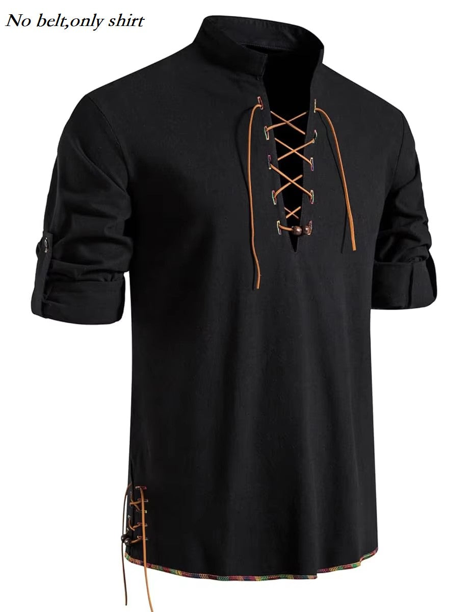 Runcati Mens Medieval Pirate Shirt Cotton Retro Lace Up Renaissance Shirts Viking Long Sleeve Halloween Costume Tops