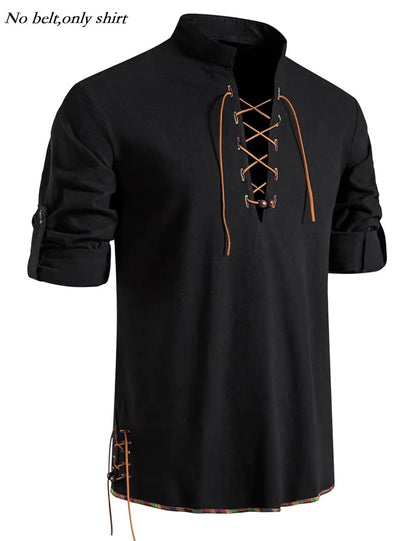 Runcati Mens Medieval Pirate Shirt Cotton Retro Lace Up Renaissance Shirts Viking Long Sleeve Halloween Costume Tops