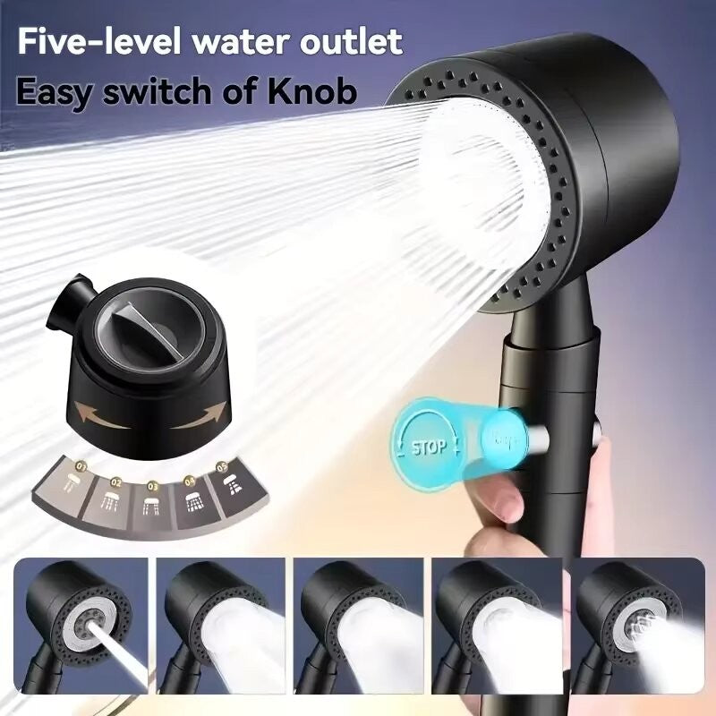 Chuveiro de Mão de Alta Pressão com 5 Modos e Botão de Parada, Filtro, Massageador e Acessórios para Banheiro
