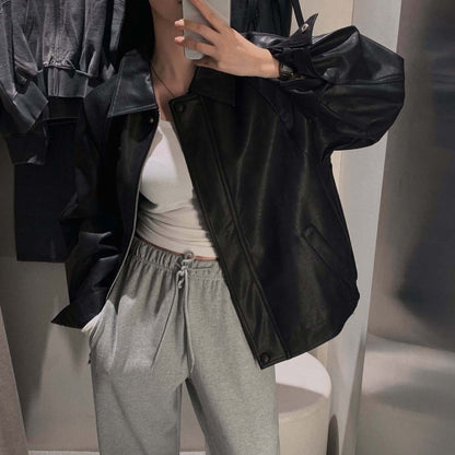 Sli Loose PU Leather Jaet Women's Chic Retro Collar Versatile BF Sle Motorcycle Clothes Trendy Long Sve Zipper