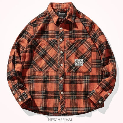 8112# Autumn New Japanese Retro Cargo Sueded Plaid Shirt Men's Fashion 100% Cotton Washed Old Pocket Long Sleeve Casual Blouses