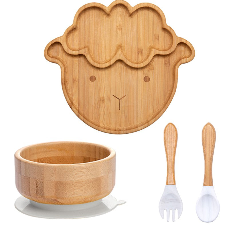 4pcs Bamboo Plate Sets Baby Feeding Bowl Wooden Kids Feeding Supplies Spoon Fork for Baby Tableware Suction Plate Bowl Cup