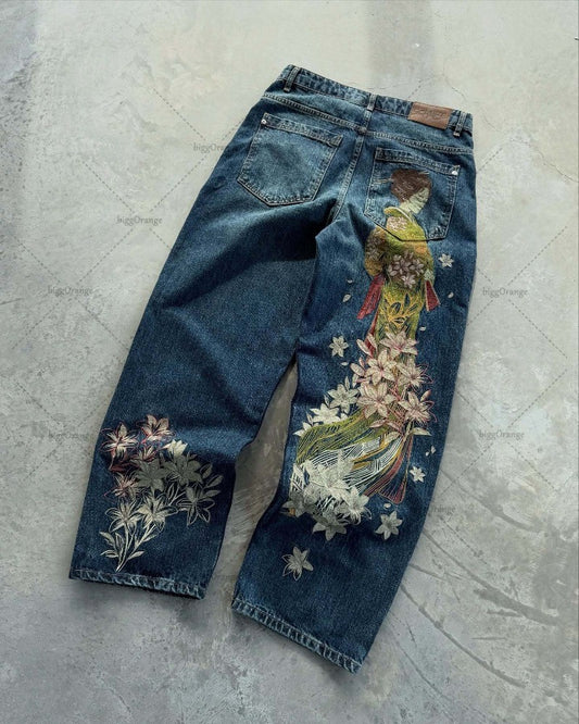 New European and American Trendy Streetwear Trousers Y2K Harajuku Retro Blue Baggy Jeans Wome Casual High-waisted Straight Pants