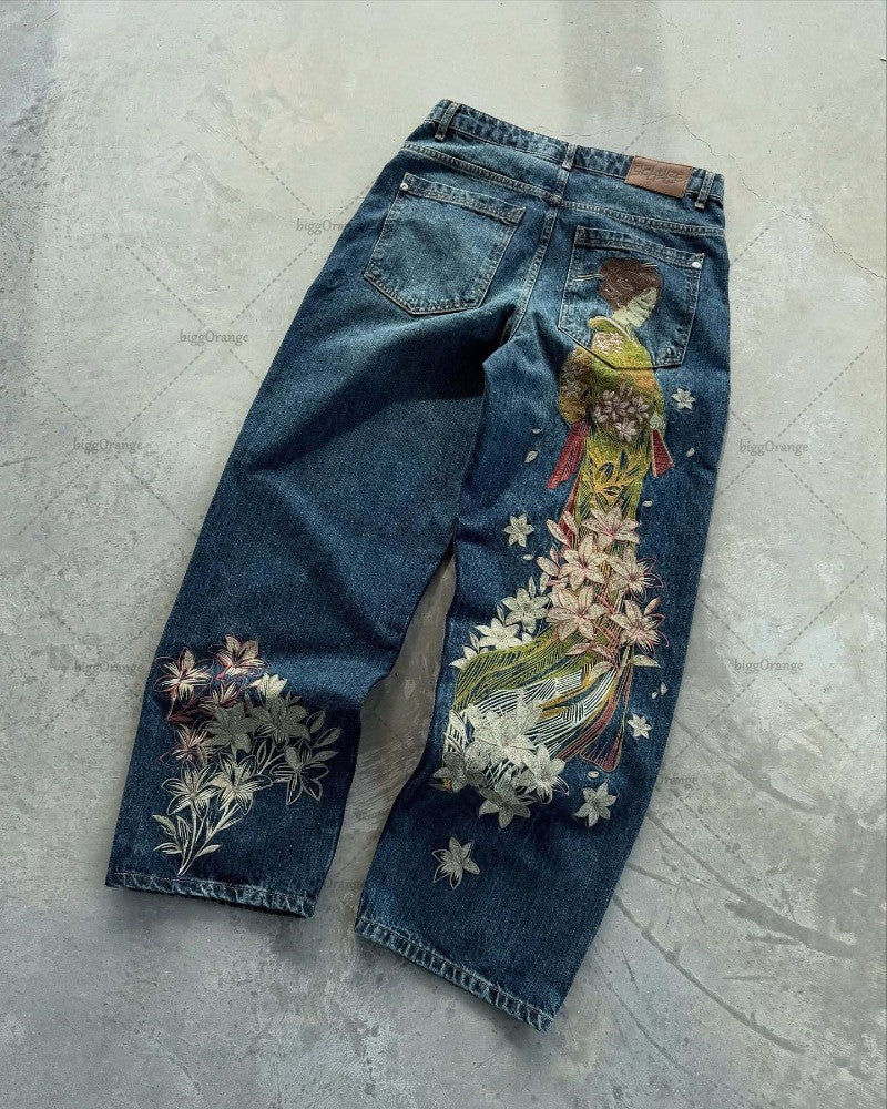 New European and American Trendy Streetwear Trousers Y2K Harajuku Retro Blue Baggy Jeans Wome Casual High-waisted Straight Pants
