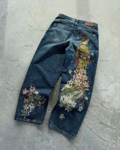 New European and American Trendy Streetwear Trousers Y2K Harajuku Retro Blue Baggy Jeans Wome Casual High-waisted Straight Pants