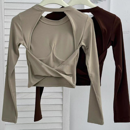 Yoga Long Sleeved Women's Fixed Chest Cushion Sexy Backless Short Sports T-shirt With Waist Cinching And Slimming Fitness Vest