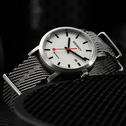 BERNY Automatic Watch Men 40mm Luminous Railway Time Dial MIYOTA 8215 Nylon Strap Sapphire 50M Waterproof Men's Mechanical Watch