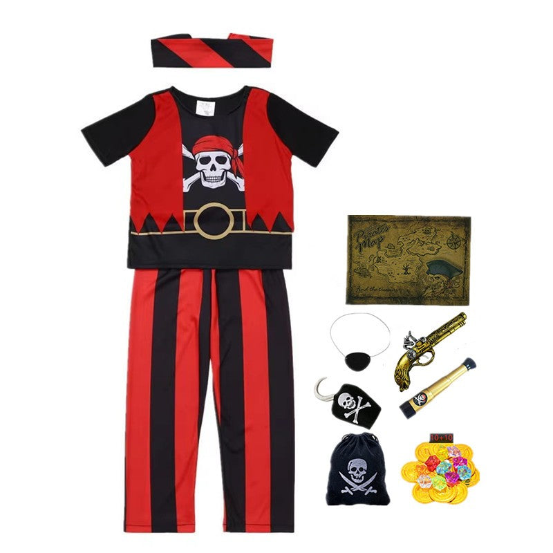 10PC Boys Pirate Costume Set with Skull Print Striped Shirt Pants Halloween Cosplay Outfit and Toy Gift Accessories