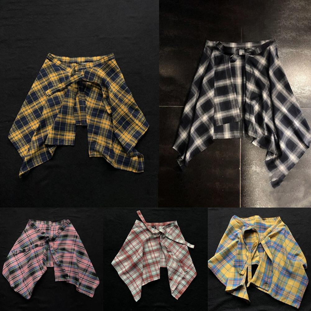 Casual Retro Irregular Women Plaid Skirt Bow-knot Elastic Waist Shirt Style Blue White Lattice Mini A-line Shortskirt
