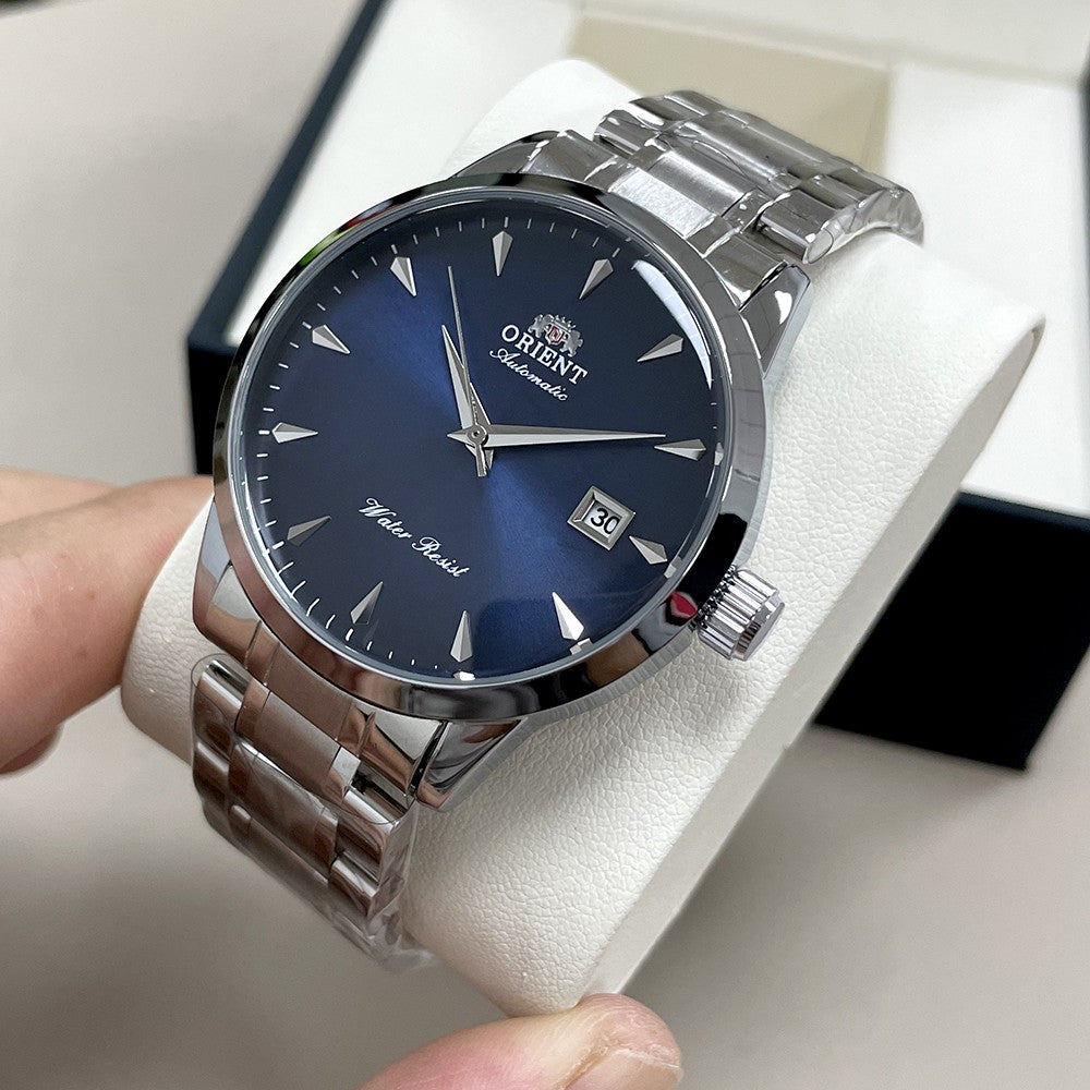 Orient Automático Masculino, Mostrador Preto, Pulseira de Aço Inoxidável, Relógio de Pulso Clássico de Negócios Resistente à Água com Exibição de Data