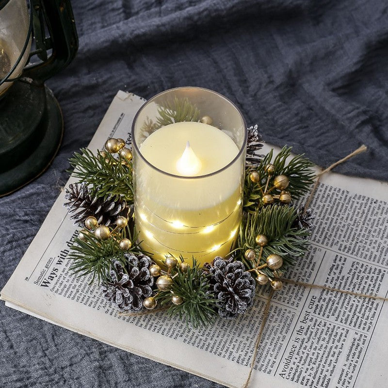 1/2pcs Christmas Candle Holders with Artificial Pine Branches & Berries New Year Tabletop Home Decorations Candle Wreath Gifts