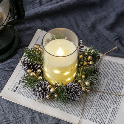 1/2pcs Christmas Candle Holders with Artificial Pine Branches & Berries New Year Tabletop Home Decorations Candle Wreath Gifts