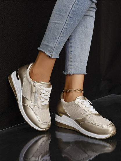 Fashion Thick Bottom Silver Sneakers Women 2025 Spring Wedge Heel Vulcanized Shoes Woman Comfortable Lace Up Sport Sneaker Mujer