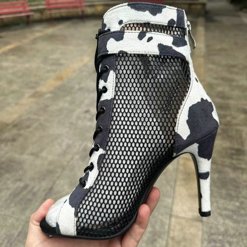 Novas Sandálias Femininas de Salto Alto Sexy Vazadas em Tela Tendência da Moda Verão Conforto Peep Toe Botas Stilettos Jazz Dance Tamanhos Grandes