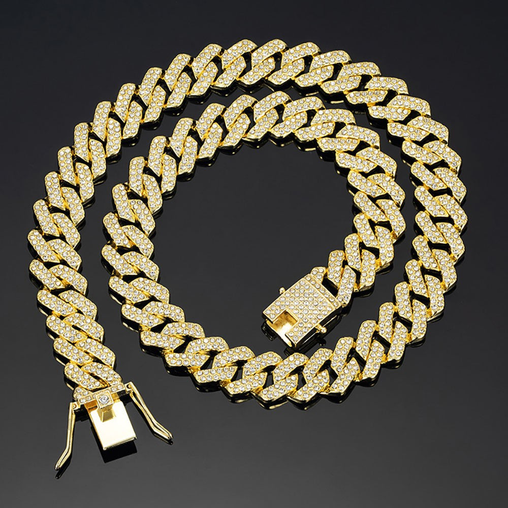 Moda Hip Hop Quadrado 14MM Corrente Cubana Colar Masculino Cor Dourada Feminino Strass Cravejado Corrente Cubana Joias Punk Presente