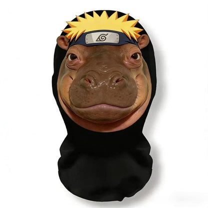 A realistic mesh headwear with hippopotamus emojis, a breathable party mask, and essential equipment for cycling out