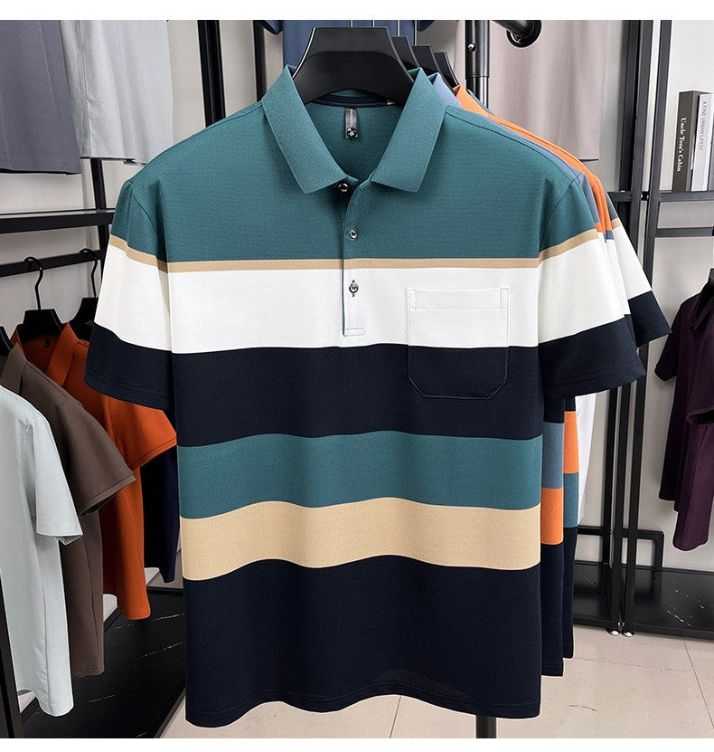 High-quality short sleeve polo shirt men fashion color striped pocket design summer new breathable trendy casual lapel T-shirt