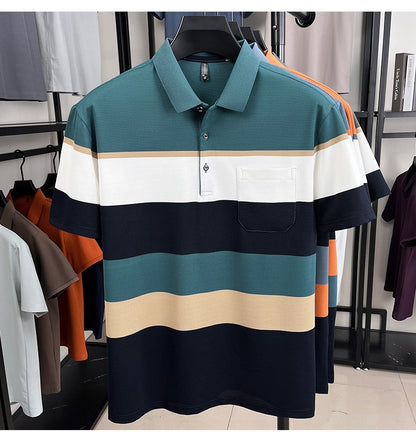 High-quality short sleeve polo shirt men fashion color striped pocket design summer new breathable trendy casual lapel T-shirt