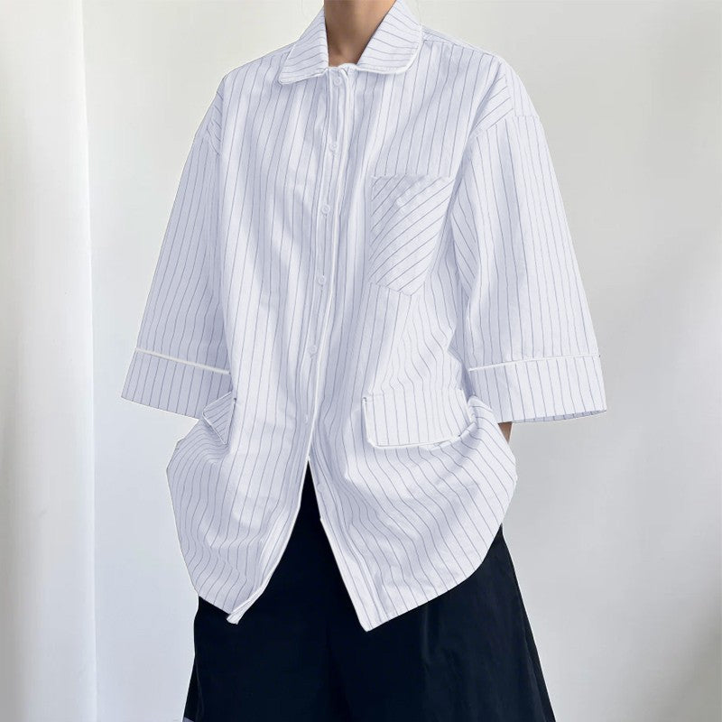 INCERUN Men Striped Shirt Lapel 3/4 Sleeve Oversize Casual Men Clothing Streetwear Korean Style Loose Fashion Tops Male Shirts