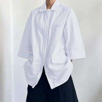 INCERUN Men Striped Shirt Lapel 3/4 Sleeve Oversize Casual Men Clothing Streetwear Korean Style Loose Fashion Tops Male Shirts