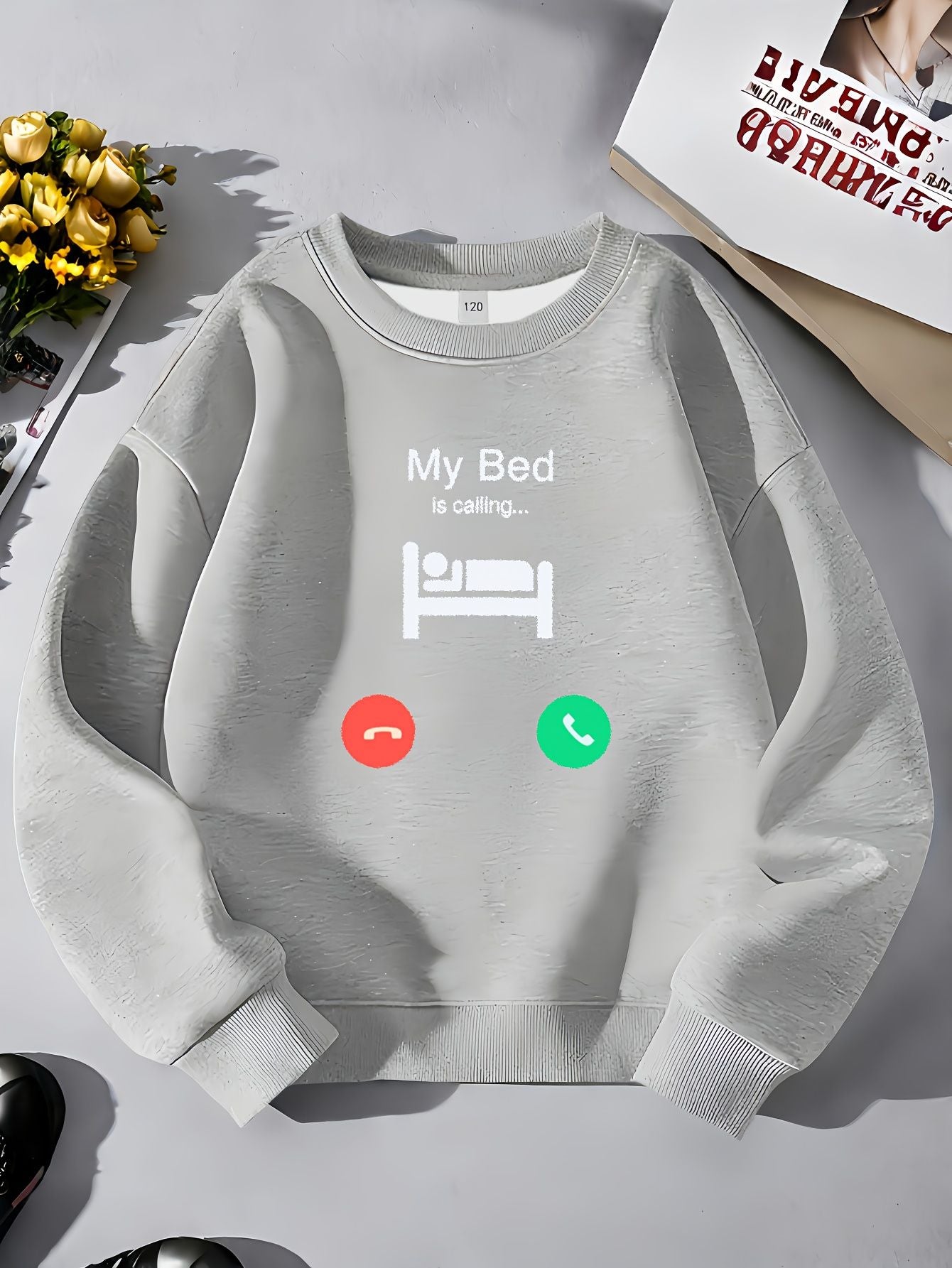 Meninas Meninos "Minha Cama Está Chamando" Moletom Estampado com Design de Chamada Telefônica Roupa Divertida Moda Infantil Suéter Casual