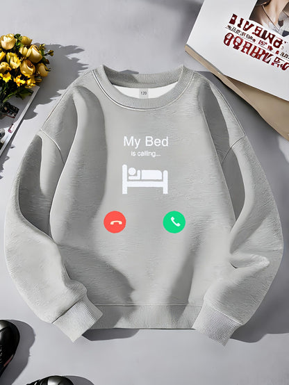 Meninas Meninos "Minha Cama Está Chamando" Moletom Estampado com Design de Chamada Telefônica Roupa Divertida Moda Infantil Suéter Casual