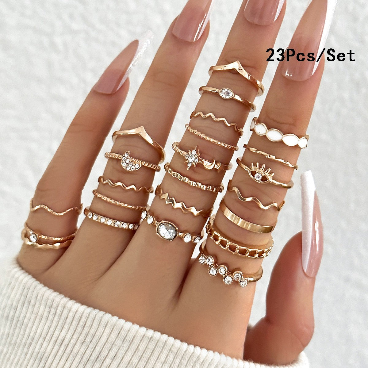 Conjunto de 23 Anéis de Nudilho da Moda para Mulheres com Cristal Estrela Lua Olho Onda Cor Ouro Prata Anéis Femininos Jóias da Moda para Festa Presente