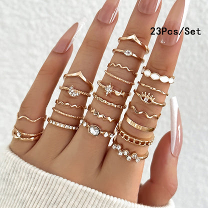 Conjunto de 23 Anéis de Nudilho da Moda para Mulheres com Cristal Estrela Lua Olho Onda Cor Ouro Prata Anéis Femininos Jóias da Moda para Festa Presente
