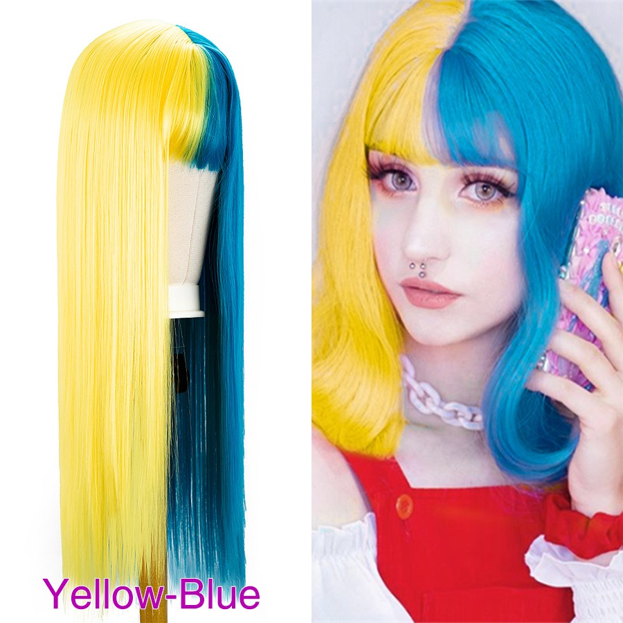 Green And Black Lolita Cosplay Wig Straight Wigs With Bangs Synthetic Heat Resistant Two Tone Wigs Black & Pink Split Color Wig