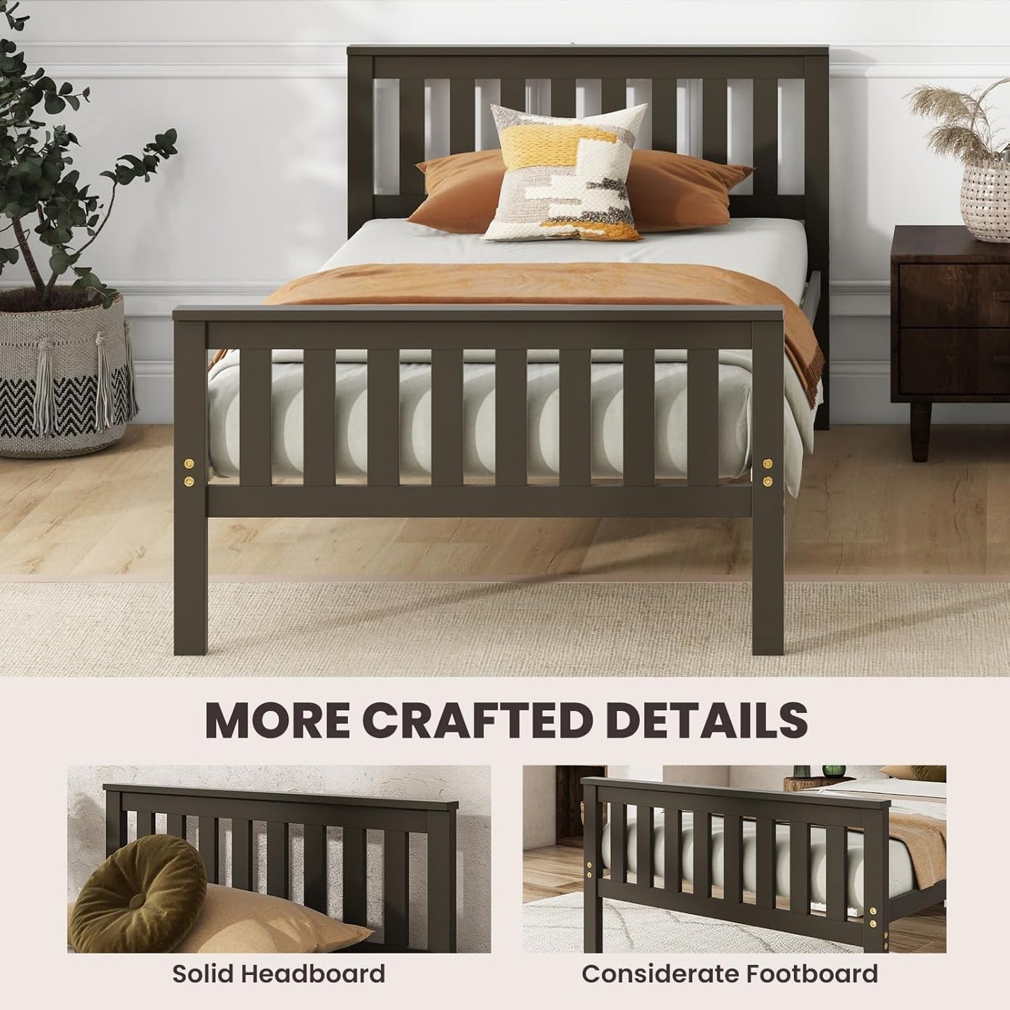Wood Twin Bed Frames with Headboard, Mid Century Platform Bed with Wooden Slats Support, 12" Under-Bed Storage Space, No