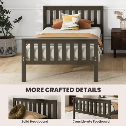 Wood Twin Bed Frames with Headboard, Mid Century Platform Bed with Wooden Slats Support, 12" Under-Bed Storage Space, No