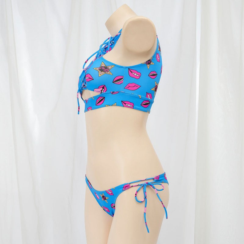 Anime Beach Girl Red Lip And Yellow Danger Warning Line Uniform Printing Bikini Swimsuit Underwear Women Outfits Cosplay Costume