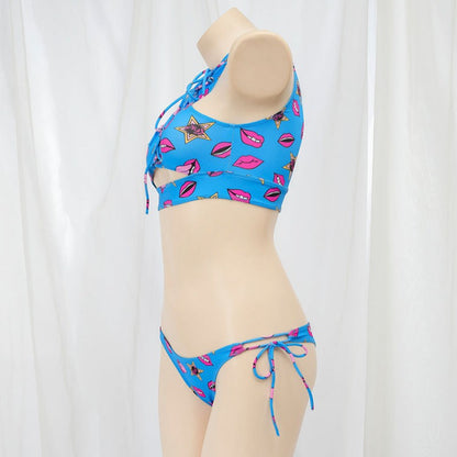Anime Beach Girl Red Lip And Yellow Danger Warning Line Uniform Printing Bikini Swimsuit Underwear Women Outfits Cosplay Costume
