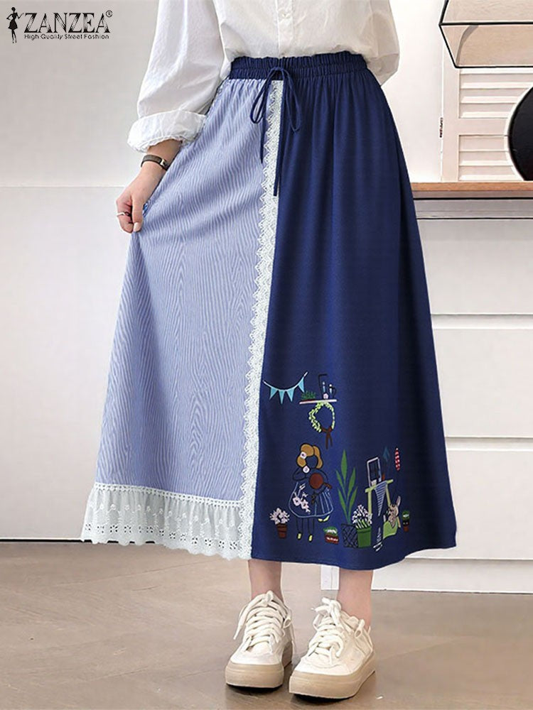 ZANZEA Plus Size Women Skirts Denin-Like Striped Patchwork Lace Trim Detail Lace-Up Elastic Waist A-Line Midi Skirt Casual Chic