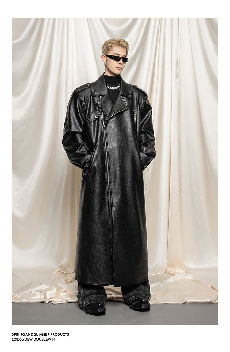 Mauroicardi Spring Autumn Oversized Cool Extra Long Black Pu Leather Trench Coat Men Zipper Loose Luxury European Fashion 2023