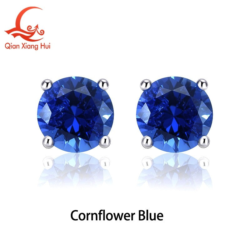 Lab Created Royal Blue/Cornflower Blue Sapphire Ear Stud 5-9mm with Inclusions Round Shape S925 Silver Earrings Jewelry