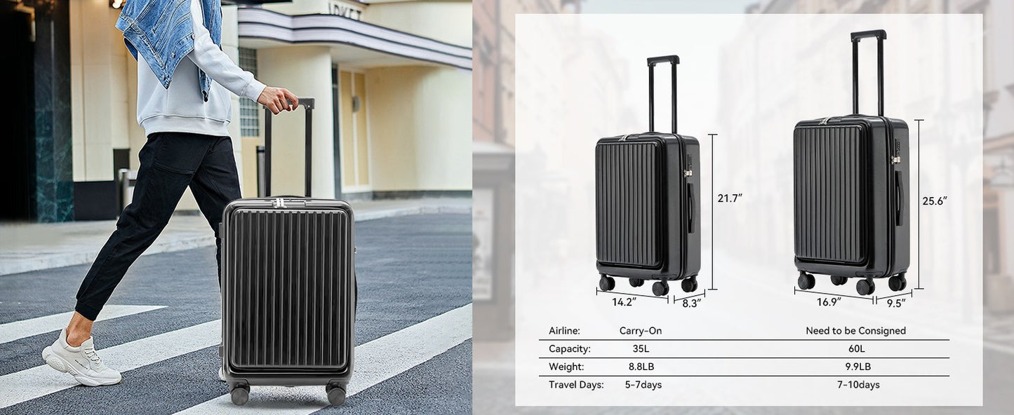 Mala de Viagem de Bordo com Abertura Frontal 20 Polegadas, Rodas Giratórias, para Homens e Mulheres, com Fechadura TSA, Carregamento USB