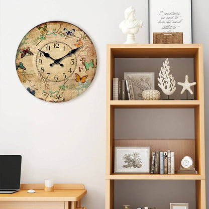 1pc 10-16inch wooden wall clock, retro flower and colorful butterfly design wall clock, silent clock, suitable for living room b