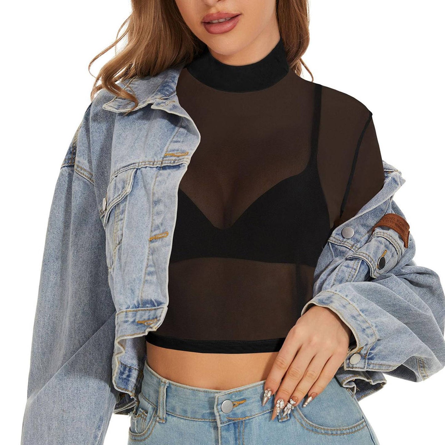 Sexy Women Crop Top See Through Mesh Tops Long Sleeve Sheer Slim Fit T Shirts Ladies Stretchy Transparent Bottomed Blouses