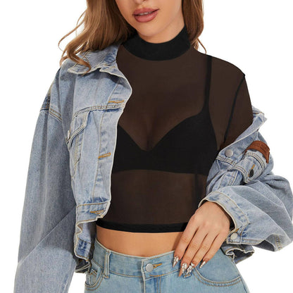 Sexy Women Crop Top See Through Mesh Tops Long Sleeve Sheer Slim Fit T Shirts Ladies Stretchy Transparent Bottomed Blouses