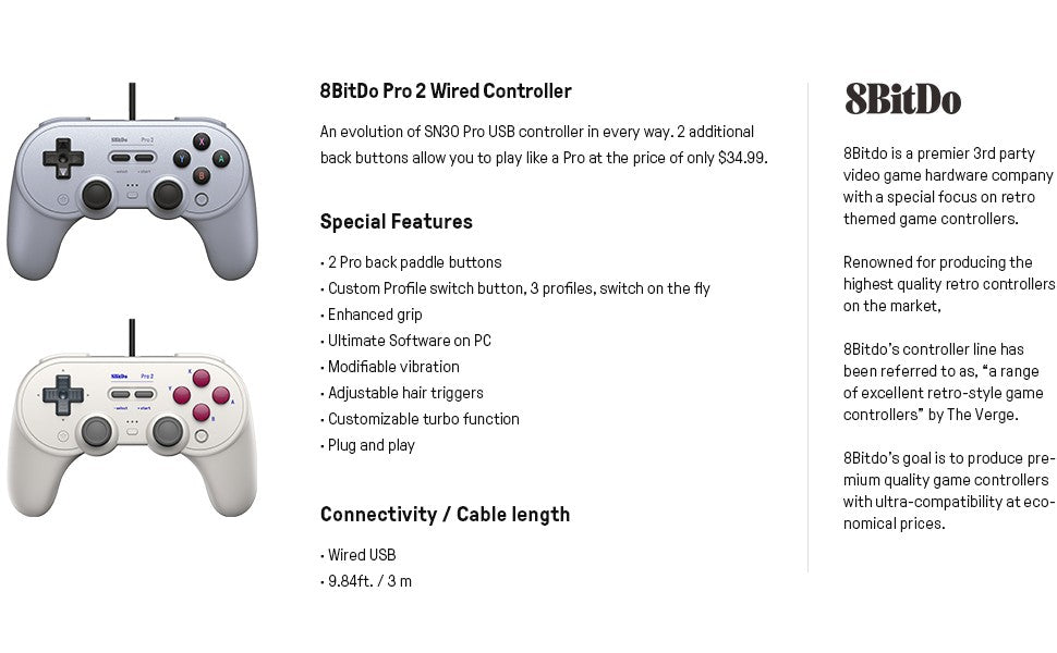 8BitDo Pro 2 Wired Controller USB Gamepad with Joystick for Nintendo Switch OLED PC with 2 Pro Back Paddle Buttons Accessories