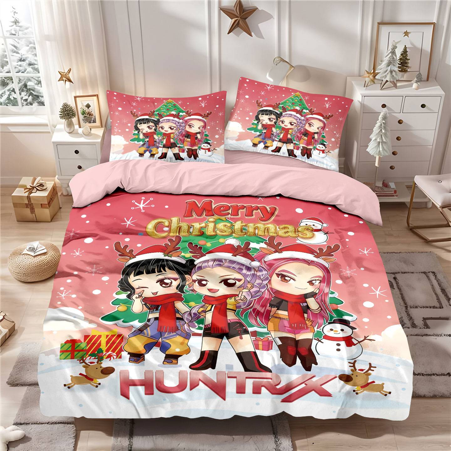 Conjunto de Colcha de Natal K-Pop Demon Hunters com Estampa Sem Lascas (3 Peças) para Quarto/Dormitório, Lavável à Máquina