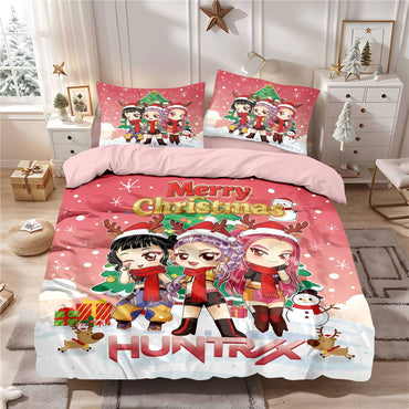 Conjunto de Colcha de Natal K-Pop Demon Hunters com Estampa Sem Lascas (3 Peças) para Quarto/Dormitório, Lavável à Máquina