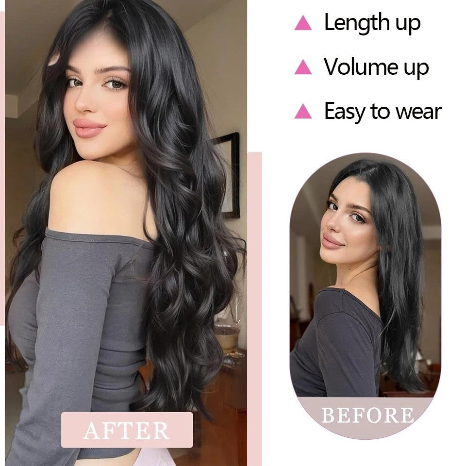?Extensões com Presilha em V Cabelo Sintético Ondulado com 4 Presilhas Castanho Preto Extensões de Uma Peça para Mulheres Uso Diário