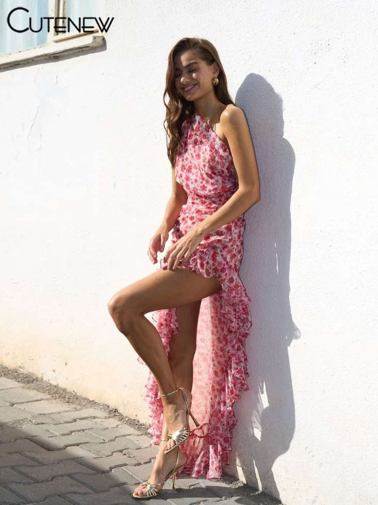 Cutenew Floral Print Women Midi Dresses Fashion Incline Shoulder Bandage Ruffle
