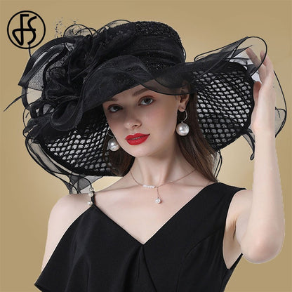 FS Mulheres Organza Vermelha Chapéus Casamento Fascinadores Elegante Grande Aba Larga Fedora Kentucky Derby Chapéus Festa Formal Igreja Chapéu Feminino