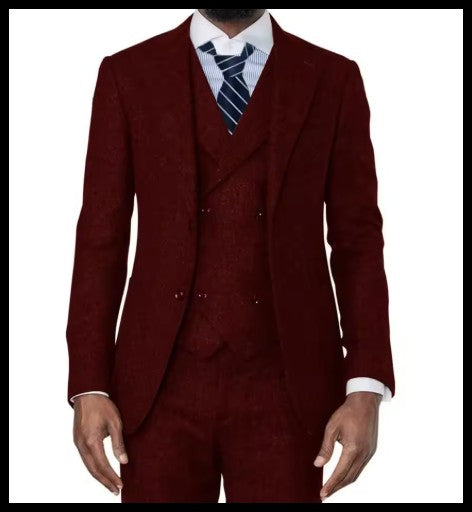 3 Pieces Green Wool Tweed Herringbone Business Retro Classic PatternTuxedos For Wedding Blazer Pants Vest