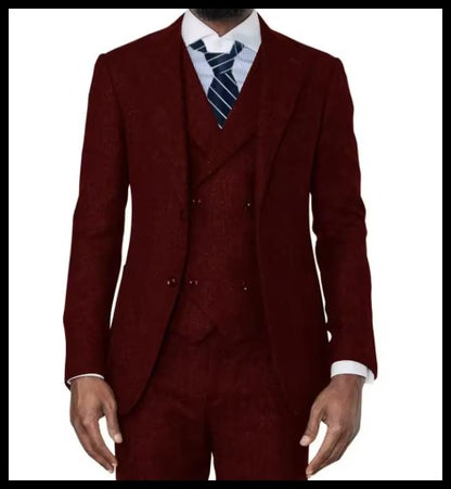 3 Pieces Green Wool Tweed Herringbone Business Retro Classic PatternTuxedos For Wedding Blazer Pants Vest