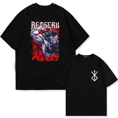 Japan Anime Berserk T-Shirt Guts Print Graphic Tee Men's 90s Summer Short Sleeve Casual Manga Dark Fantasy Black Swordsman Style